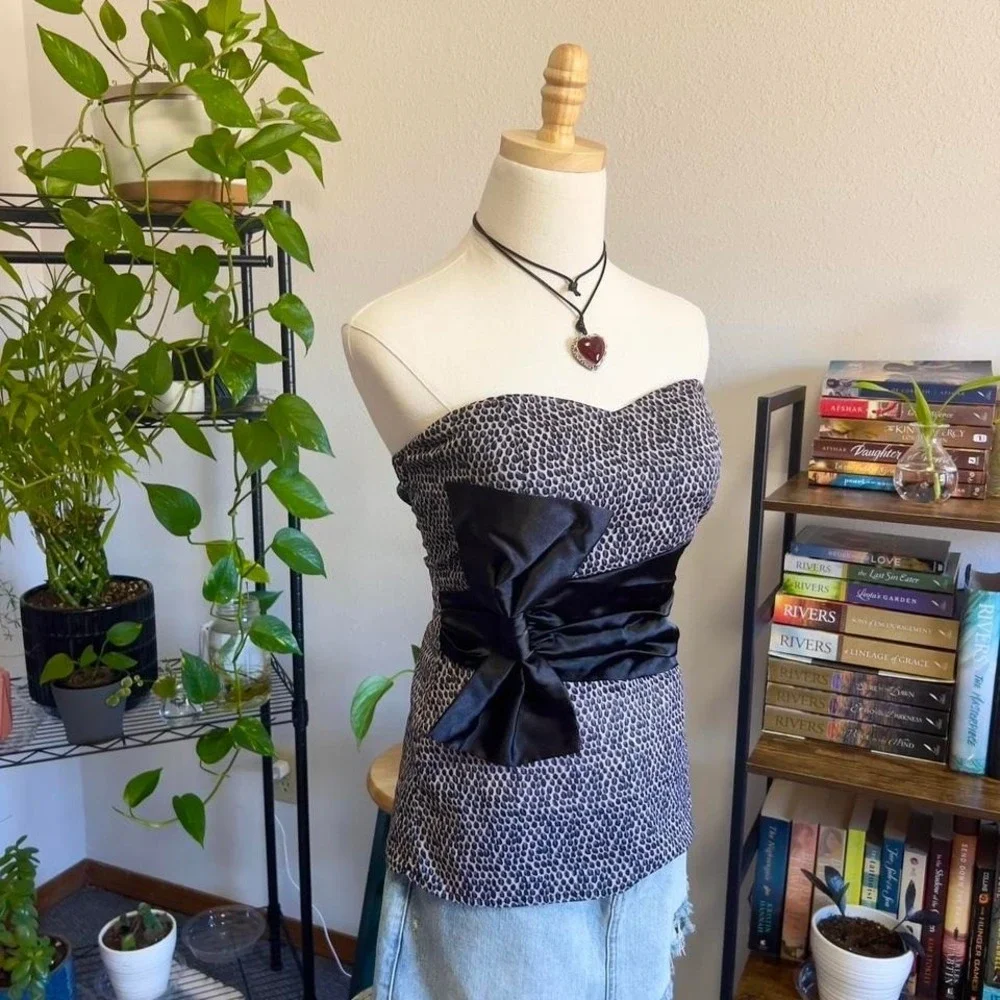 Vintage Y2K 2000s Bow Tube Top Strapless Womens Medium Office Siren Goth Glam‎ - Picture 4 of 7